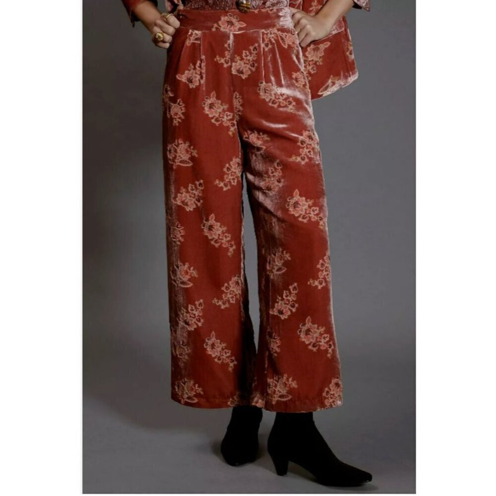 Anthropologie Hutch Floral Women's Velvet Wide Leg Pants Pockets Size Small